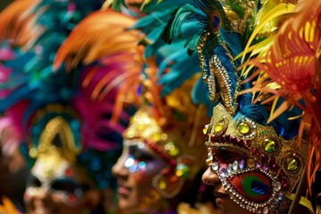 Fototapeta premium Row of dancers wearing colorful feathered costumes and masks at a carnival parade