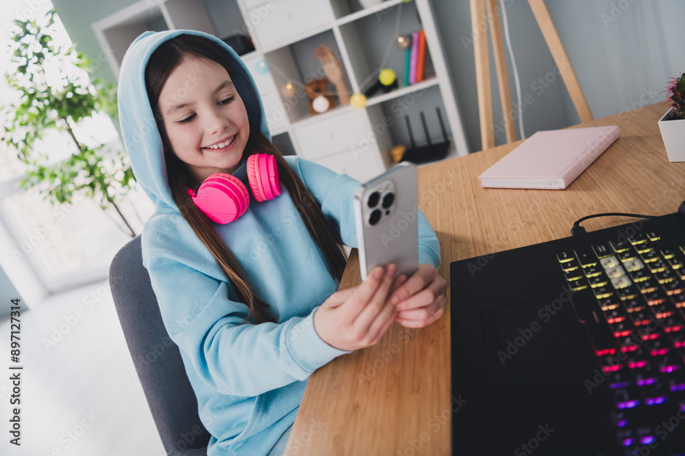 Sticker photo of cheerful cute lovely adorable girl using gadgets modern technology indoors house