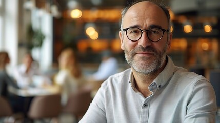 Fototapeta premium Confident Middle-Aged Man in a Cafe: A portrait of a confident middle-aged man with glasses and a beard, sitting in a cafe. 
