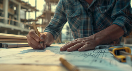 Obraz premium Anonymous architect reviewing blueprints at construction site. Generative AI image