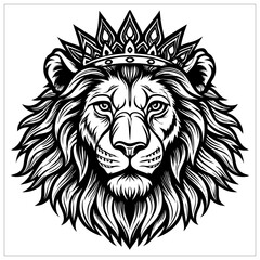 Obraz premium Beautiful Lion head with crown Sketching Art. A cute lion illustration in clean black and white lines, sitting calmly on a solid white backdrop simple, sweet, and perfect for modern art lovers.