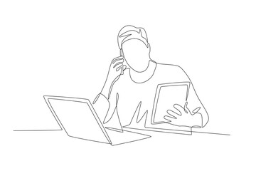 The man who picked up the phone while checking the files. Multitasking concept one-line drawing