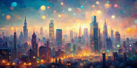 Fototapeta premium Vibrant watercolor strokes blend seamlessly to form a dreamy, blurred cityscape with soft skyscrapers, gentle streets, and hazy lights at dusk, evoking a sense of serenity.
