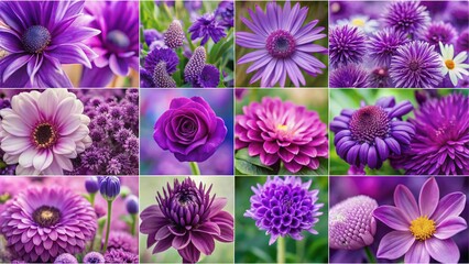 Vibrant purple flowers in varying shades and shapes form a stunning collage background with soft focus and delicate textures, exuding elegance and beauty.
