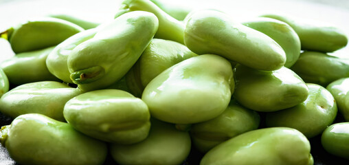 Green raw soy beans closeup. Organic healthy vegetarian legume harvest