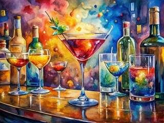 Vibrant watercolor still life of Air Mail cocktail on bar counter amidst abstract wine glasses, showcasing vivid colors and playful brushstrokes.