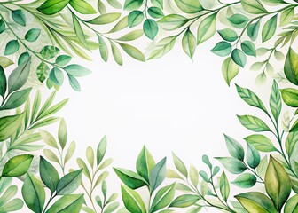 Delicate watercolor frame of lush green leaves on a crisp white background, creating a soft, natural, and serene illustration perfect for graphics and designs.