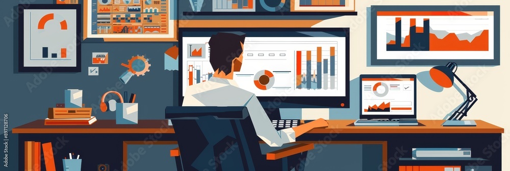 Poster a data analyst is working at his desk, analyzing data on multiple computer screens. he is surrounded