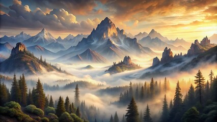 Obraz premium Softly illuminated, serene watercolor depiction of majestic high mountains, rugged peaks, and valleys, surrounded by fog, with subtle color palette and dreamy atmosphere.