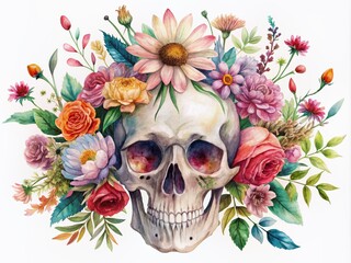 Fototapeta premium Delicate watercolor illustration of a skull adorned with vibrant flowers, surrounded by whimsical foliage, on a transparent background, perfect for mystical and romantic designs.