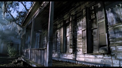 Abandoned haunted house facade with weathered wooden planks, creaky shutters, and an eerie mist creeping up from below. Moonlight casts long shadows across the dilapidated porch.