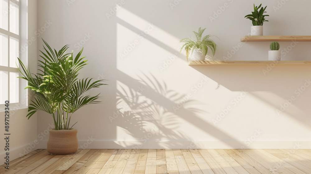 Wall mural a modern minimalist room with a wood floor and white wall background