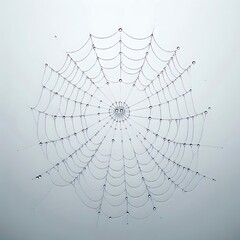 Obraz premium Dew-covered spider web on light background. Natural symmetry and delicate details. Close up. Halloween theme. Design for poster, wallpaper and banner.