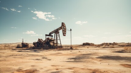 Photograph of an oil rig worker dwarfed by the towering machinery of an active desert oil field, emphasizing the contrast between human scale and industrial might.