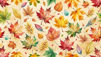 Vibrant watercolor autumn leaves scatter against a soft, creamy background, creating a whimsical and inviting design element perfect for fall-themed projects and layouts.