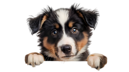 Puppy dog holding blank banner isolated on transparent background