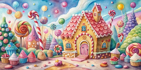 Whimsical watercolor illustration of a fantastical candy house with gingerbread walls, icing details, and lollipop trees, surrounded by colorful sweets and treats.