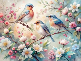 Obraz premium Whimsical watercolor birds perched on delicate twigs, surrounded by soft petals and gentle flowers, created by generative AI algorithm in soothing pastel hues.