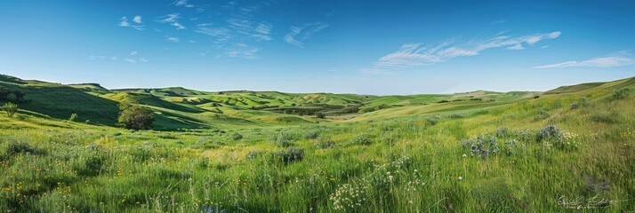 A panoramic view of lush green hills stretching out under a bright blue sky. A few scattered clouds dot the sky, adding texture to the scene