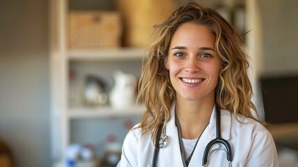 Confident Doctor's Warm Smile: A young female doctor with a stethoscope smiles warmly at the camera, exuding professionalism and care. 