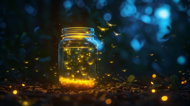A glass jar filled with fireflies glows in the dark forest, symbolizing nature's magic, hope, light in the darkness, dreams, and captured beauty.