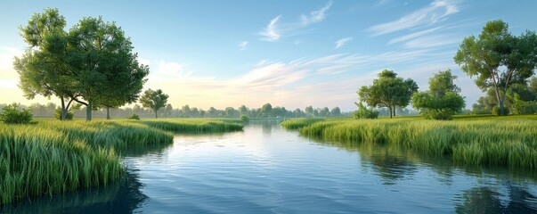 Calm river landscape at sunset, reflection of sky, serene water scene