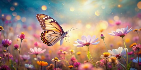 Delicate watercolor butterfly with iridescent wings soars above vibrant flower fields, surrounded by soft petals and gentle stem silhouettes in warm sunlight.