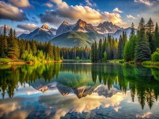 Fototapeta premium Tranquil lake scene with majestic mountains rising in the background, surrounded by lush green forests, reflecting perfect serenity and peaceful ambiance in warm light.