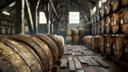 A large room filled with barrels of alcohol