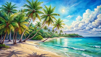 Obraz premium Vibrant hand-painted watercolor background depicts a serene tropical beach at daytime, featuring swaying palm trees, turquoise ocean, and sandy shores under a sunny sky.