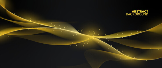 Abstract background with a dark theme and gold ornaments. Elegant gold wave pattern and many stars.