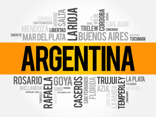 List of cities and towns in Argentina, word cloud collage, business and travel concept background