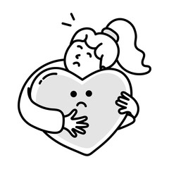 A doodle icon of sad girl hugging heart 

