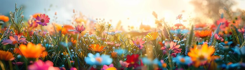 Relaxing meadow filled with colorful flowers under warm sunlight, idyllic