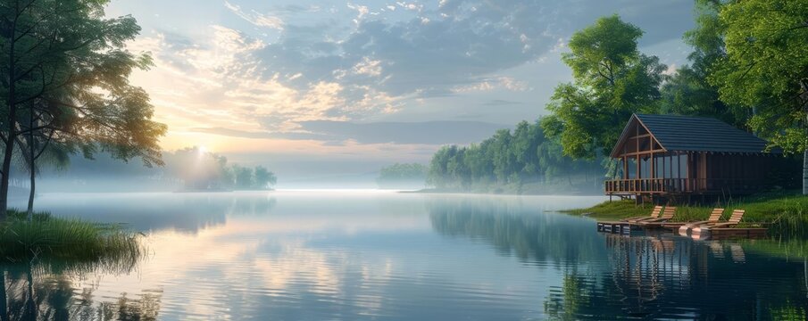 Quiet lakeside retreat in early morning light, tranquil water, peaceful nature