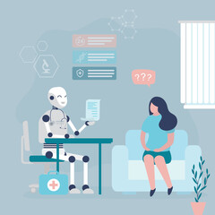 Sick woman talking medical robot. Chatbot assistant help doing medicine research and treatment. Chat bot doctor with ai give prescription and support female patient.