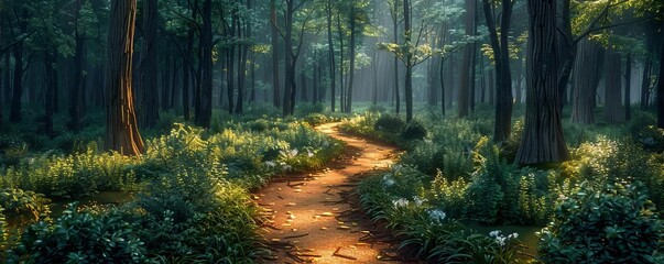 Obraz premium Serene forest path illuminated by soft sunlight, calming nature walk, tranquil