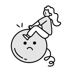 Upset girl swinging on sad emoji swing, doodle icon 

