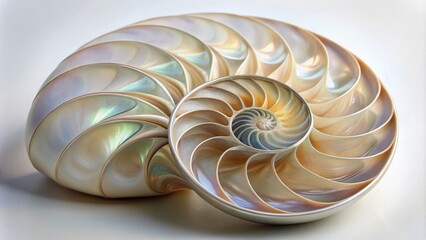 Obraz premium A delicate, creamy white nautilus shell, swirled with iridescent mother of pearl, showcasing a mesmerizing Fibonacci spiral pattern, glistening with subtle, shimmering highlights.
