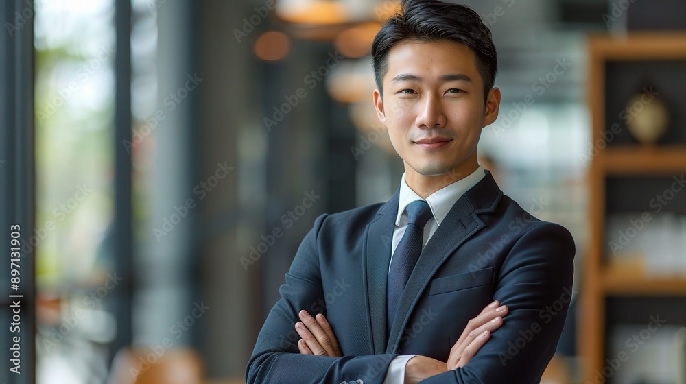 Wall mural Confident Asian Businessman: A young Asian entrepreneur exudes confidence in a modern office setting, his arms crossed and a determined look on his face. 