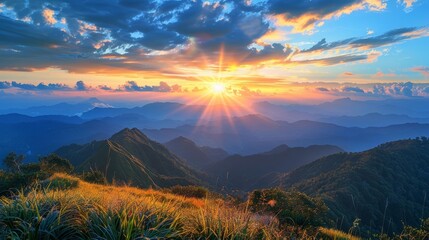 Obraz premium Tranquil mountain view with golden sunrise, peaceful nature, scenic beauty