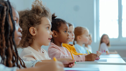 Children  study in a clean white classroom