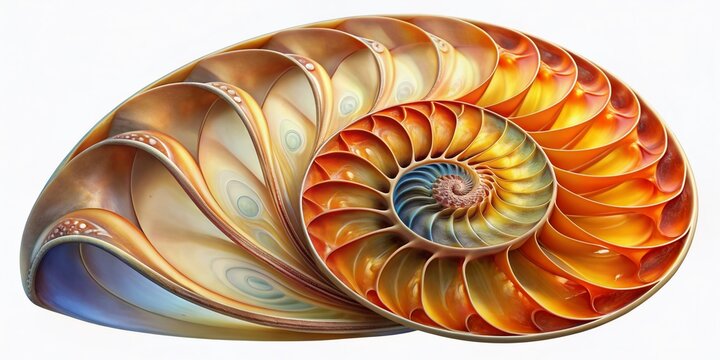 Vibrant illustration of a nautilus shell's cross-section, revealing its intricate logarithmic spiral, chambered sections, and delicate inner architecture in stunning detail.