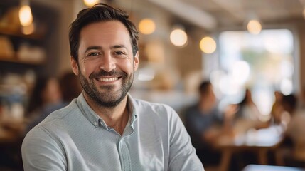 Confident Coffee Break: A charismatic businessman exudes confidence and approachability with a warm smile, capturing the essence of a successful entrepreneur in a bustling cafe setting. 