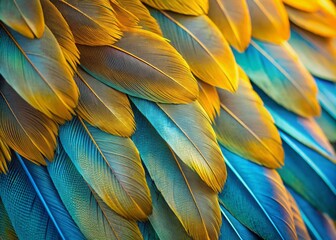 Fototapeta premium Vibrant light blue and gold feathers of a tropical bird in a mesmerizing closeup, showcasing intricate macro texture and minimal abstract pattern with ample copy space.