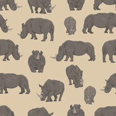 Seamless pattern with African white rhinos in different poses. White rhinos and their cubes. realistic vector animal
