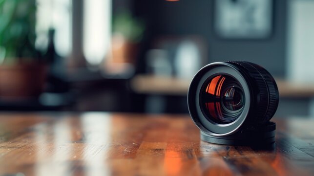 Close up of camera lens on wooden table