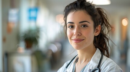 Fototapeta premium Confident Doctor Portrait: A young female doctor with a stethoscope smiles confidently in a hospital hallway, conveying trust and professionalism. 