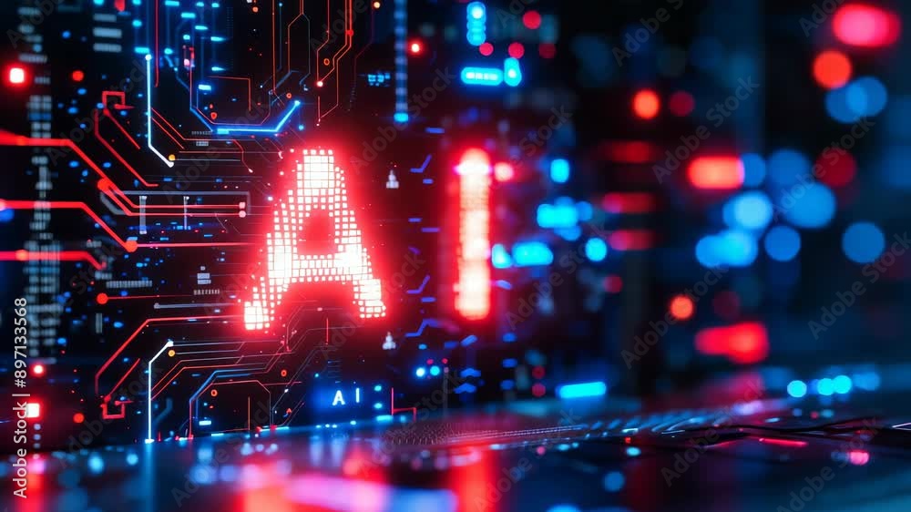 Poster futuristic ai circuit board with illuminated ai text representing artificial intelligence, machine l