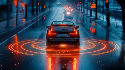 High-Tech Autonomous Car with Activated Safety Systems on Wet Urban Street, Nighttime, Advanced Driver Assistance Visualization